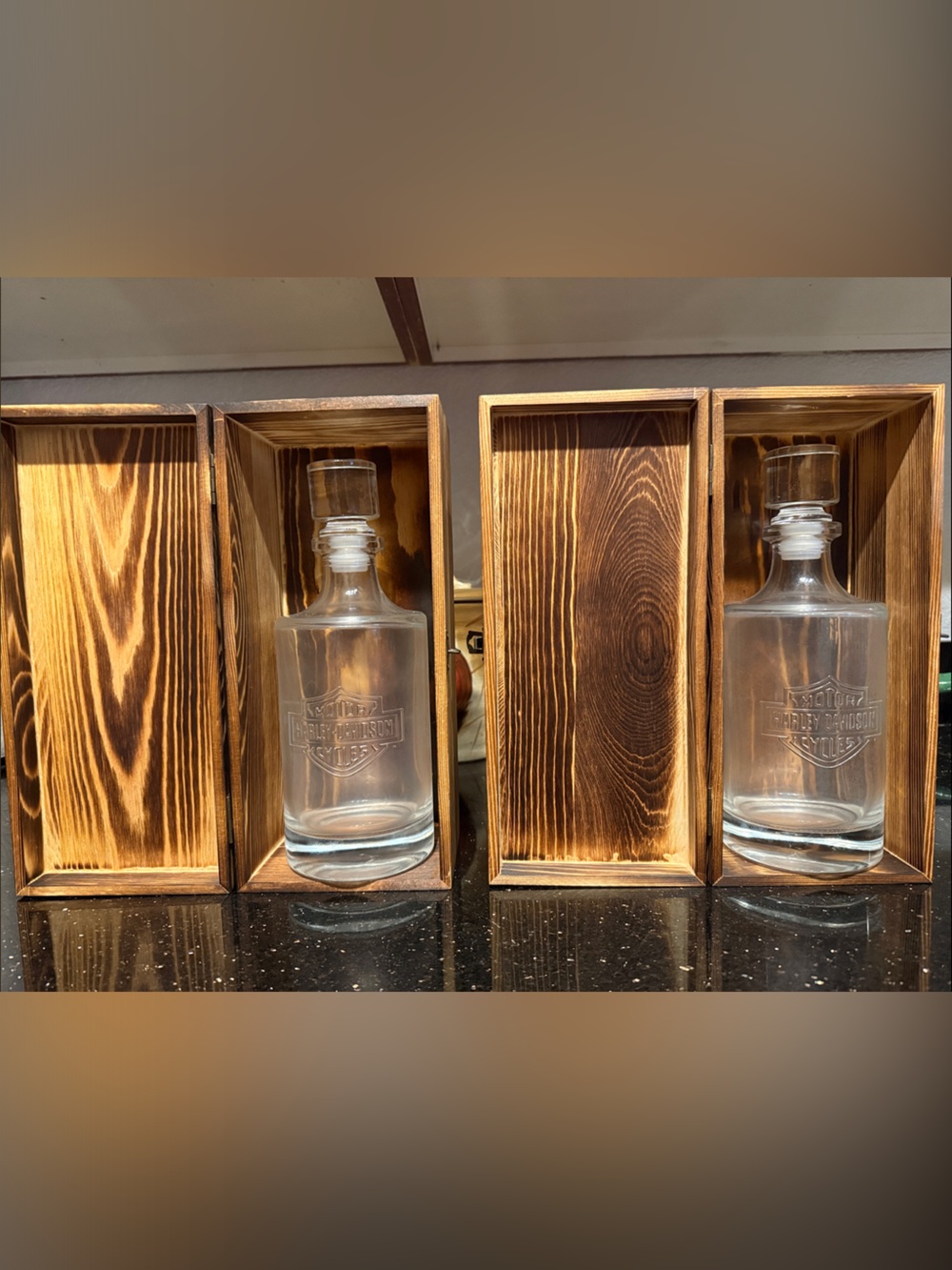 Harley-Davidson Clear Glass Decanter with Brown Wood Display Boxes